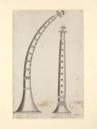 One of seven sheets of drawings depicting implements and musical instruments.