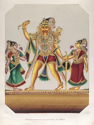 One of sixteen mica paintings depicting Hindu deities and festival processions with decorated cars.