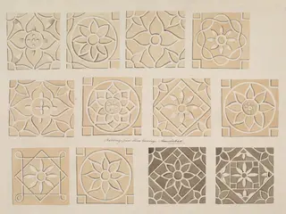 One of thirty drawings of details of architectural stone and mother-of pearl ornament taken from rubbings and moulds of monuments in Ahmedabad, the capital seat of the Ahmad, Shahi dynasty.