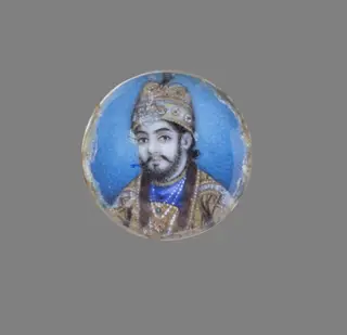 One of twelve tiny paintings deicting Mughal emperors, Afghan and Sikh nobles, and Mughal ladies.