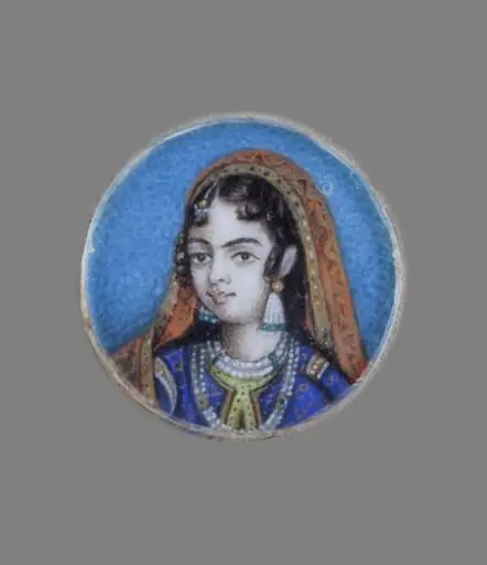 One of twelve tiny paintings depicting Mughal emperors, Afghan and Sikh nobles, and Mughal ladies.