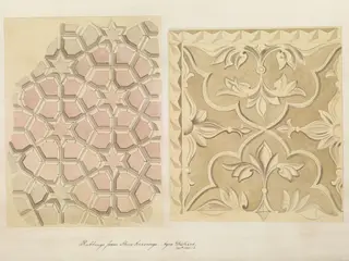 One of twenty-nine drawings of details of architectural ornament taken from rubbings of stone decoration on monuments in Agra district, including Fatehpur Sikri and Sikandra.