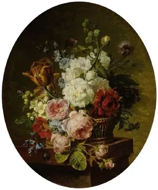 Open wicker basket of mixed flowers, including tulip, roses, hareball, hollyhock, poppy, larkspur and auricula on a marble ledge, by Cornelis van Spaendonck
