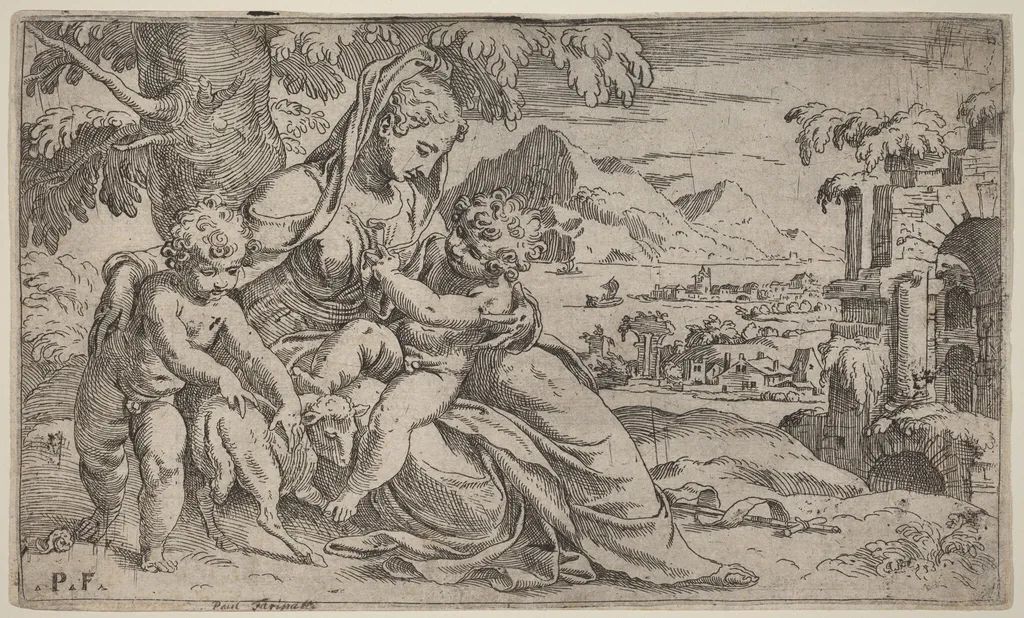 Madonna and Child with John the Baptist, by Orazio Farinati, ink, 1594