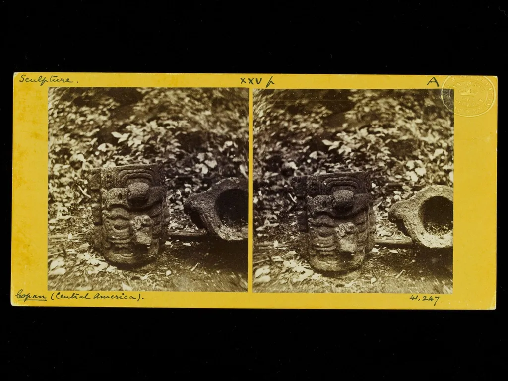 Sculptured stones with faces on one side and hollowed at the top, by Osbert Salvin, photographic, 1861