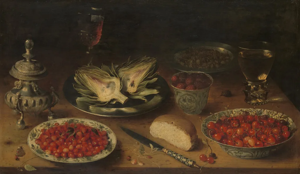 Still Life with Artichoke, Fruit in Kraak Porcelain Ware, a Salt Cellar/Pepper Castor, by Osias Beert, unspecified, 1605