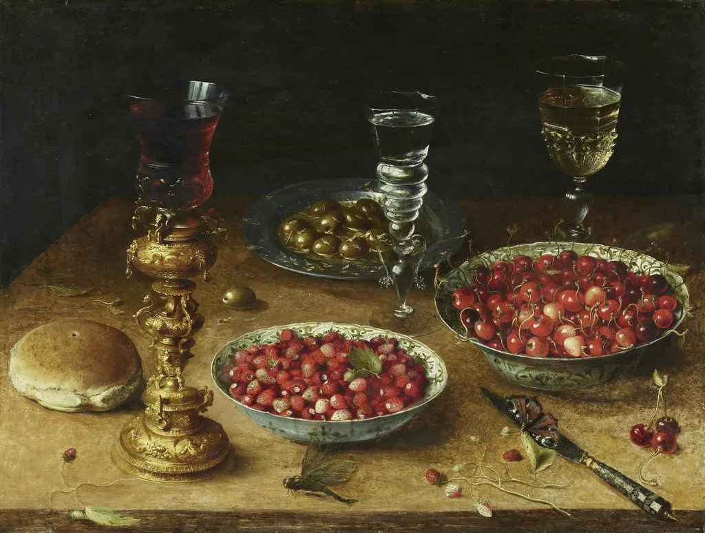 Still-Life with Cherries and Strawberries in China Bowls, by Osias Beert, paint, 1608