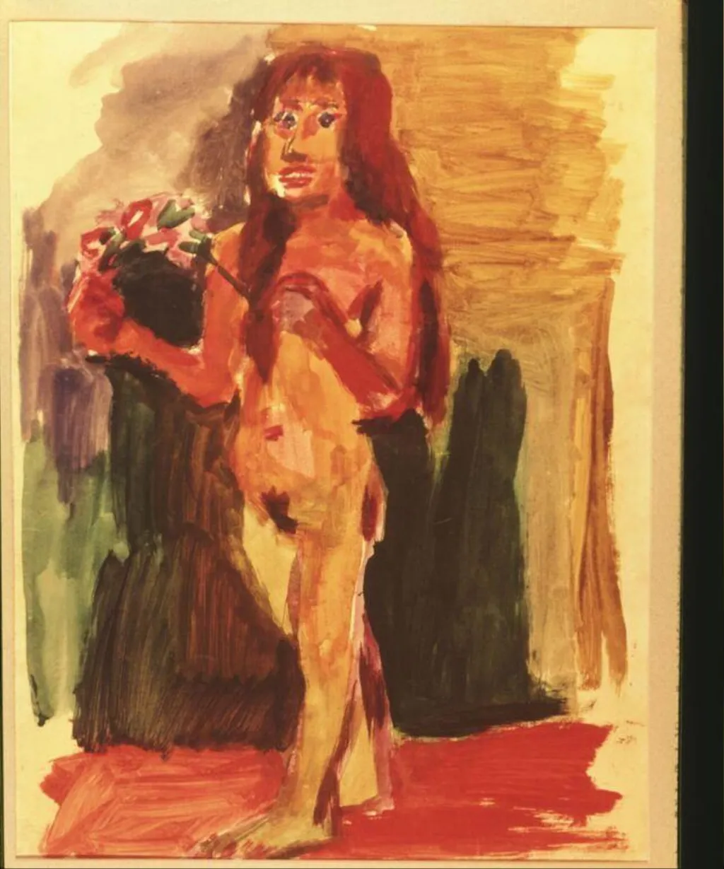 Standing Nude with Flowers, by Oskar Kokoschka, watercolor, 1922