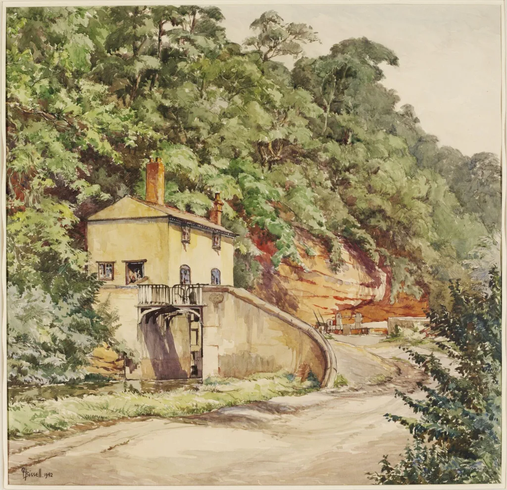 Caldwall Bridge and Lock on the Stafford and Worcester Canal near Kidderminster, by Osmond Hick Bissell, watercolor, 1942