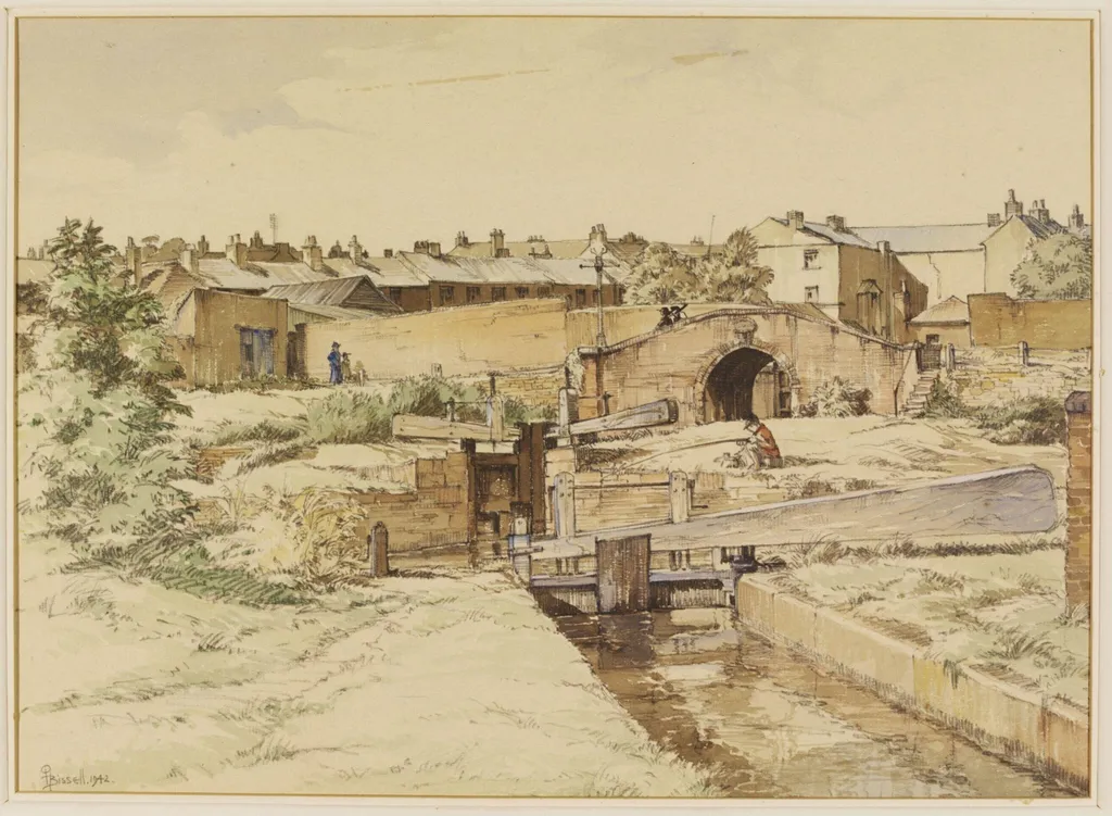 The Basin, and Upper Severn Bridge, Stourport, by Osmond Hick Bissell, watercolor, 1942