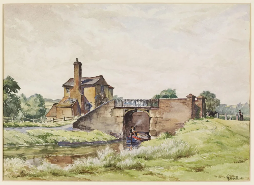 "Wolverley Court Bridge," over the Stafford and Worcester Canal, Wolverley, by Osmond Hick Bissell, watercolor, 1942