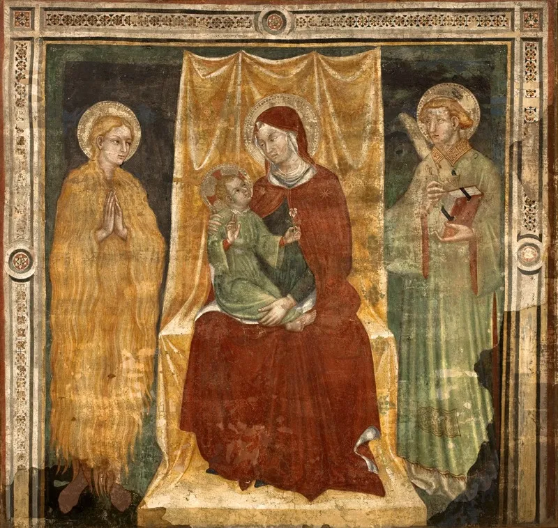 Madonna and Child between Saint Magdalene and Saint Stephen Protomartyr, by Ottaviano Nelli, fresco