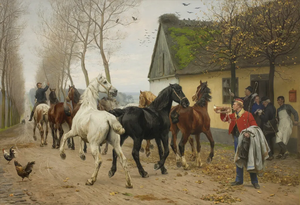 A String of Horses Outside an Inn, by Otto Bache, oil, 1890