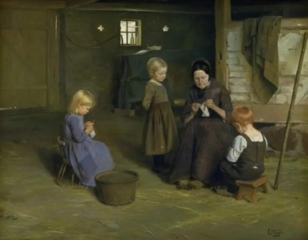 A Knitting Lesson, by Otto Carl Bentzon Haslund, oil, 1896