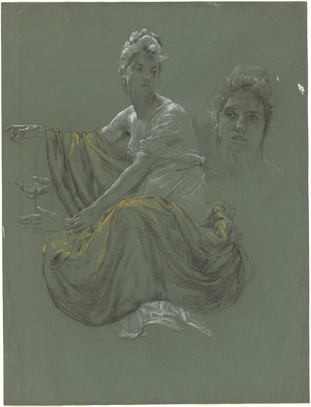 Elegant Young Woman in Classical Drapery, by Otto Greiner, chalk, 1895