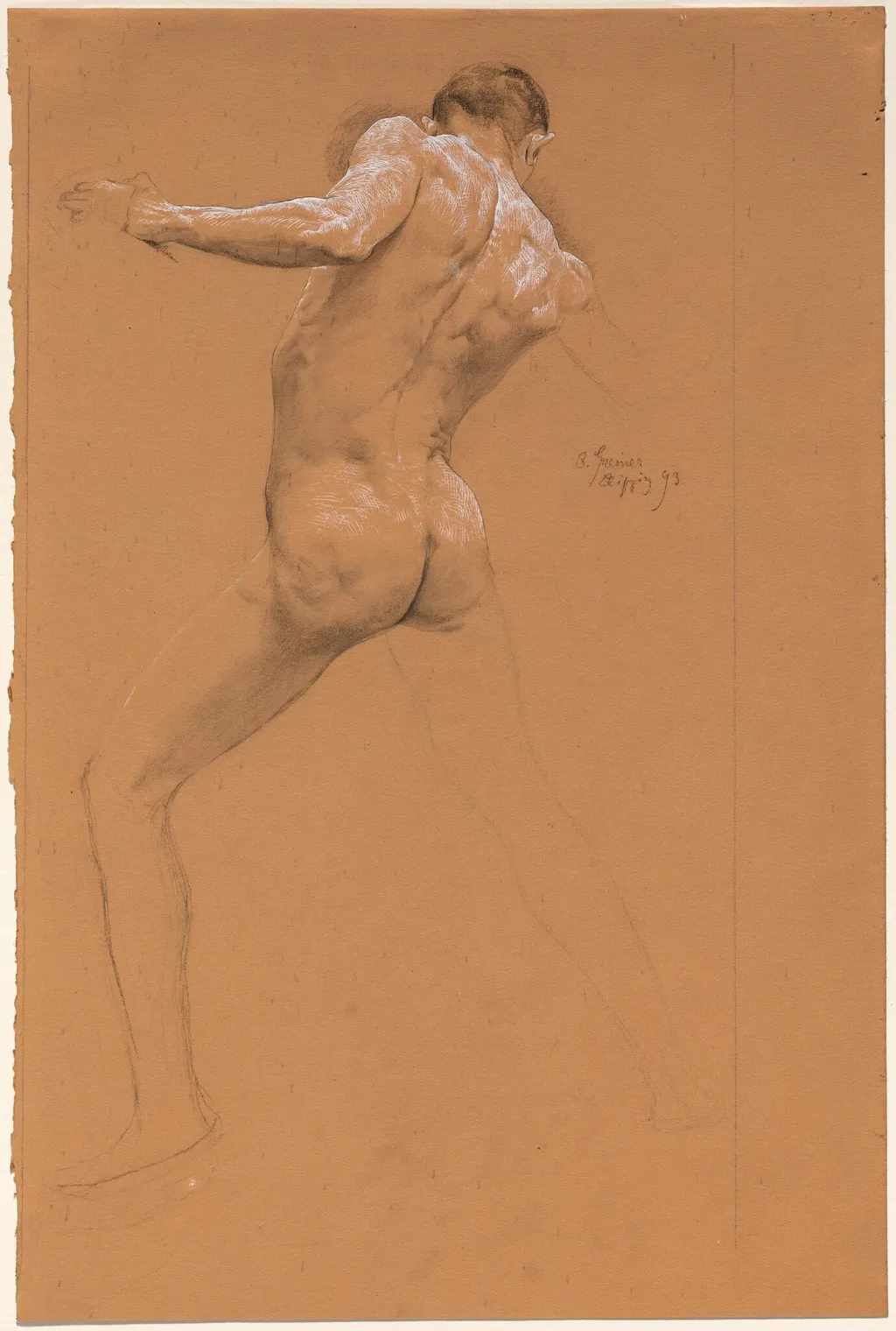 Standing Male Nude from Behind, by Otto Greiner, chalk, 1893