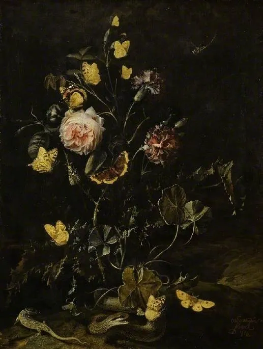 Flowers, insects and reptiles, by Otto Marseus van Schrieck, oil, 1673