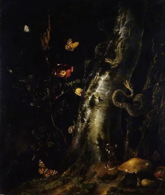 Silver birch trunk and branch with rose, lizards, a snake, toadstools, butterflies and a snail, by Otto Marseus van Schrieck