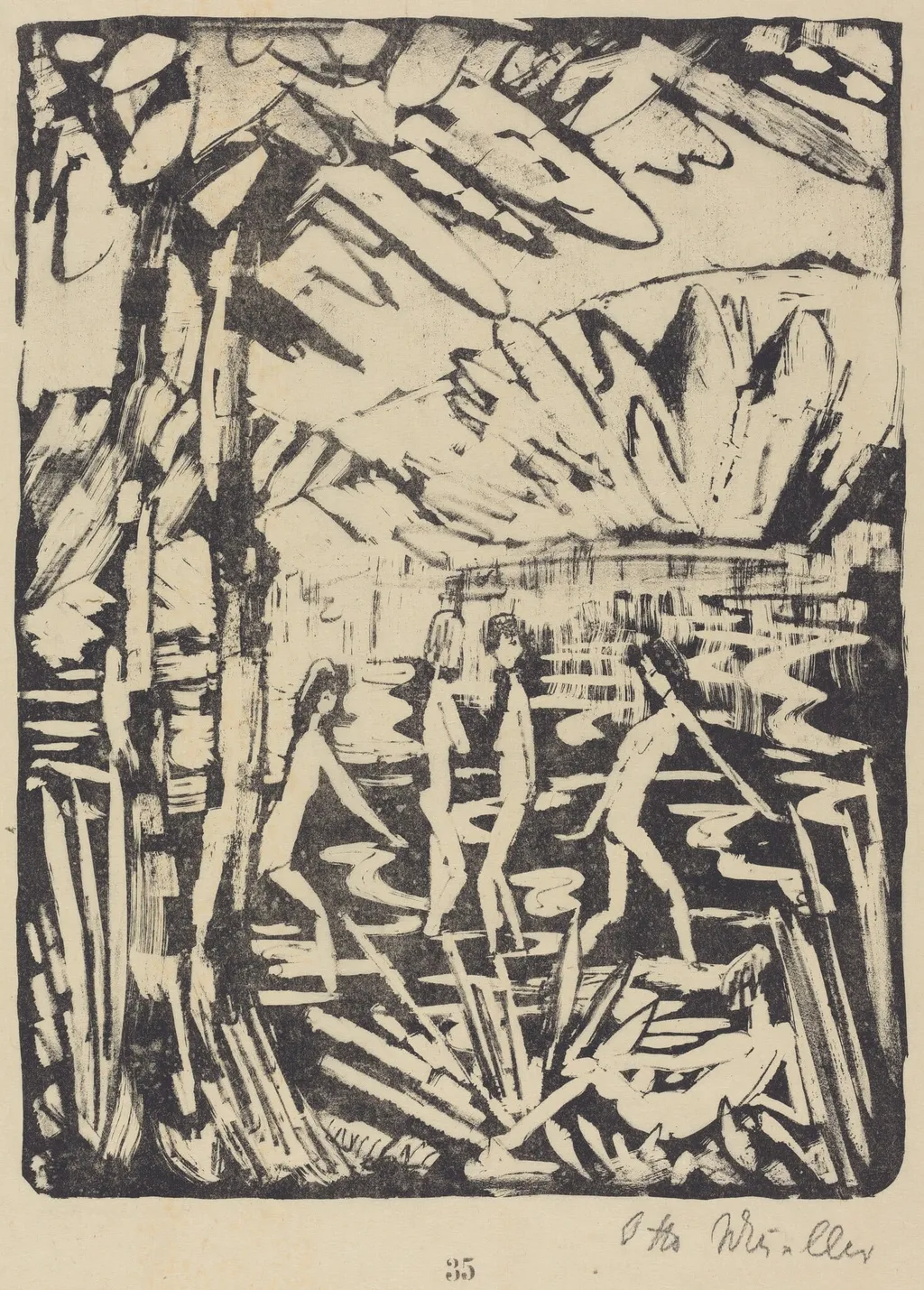 Five Girls at a Forest Pond (Funf Madchen am Waldteich), by Otto Mueller, ink, 1919
