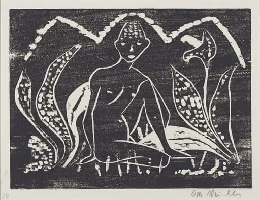Nude Figure of a Boy in a Landscape (Knabe zwischen Blattpflanzen), by Otto Mueller