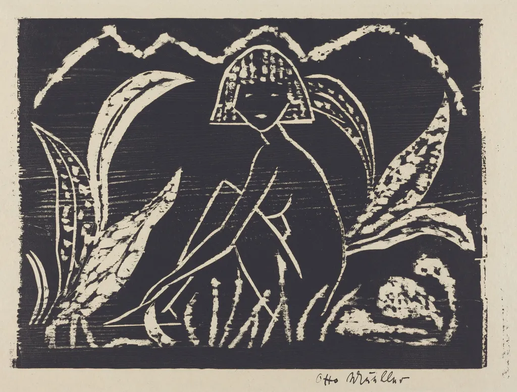Nude Figure of a Girl in a Landscape (Madchenzwischen Blattpflanzen), by Otto Mueller, ink, 1912