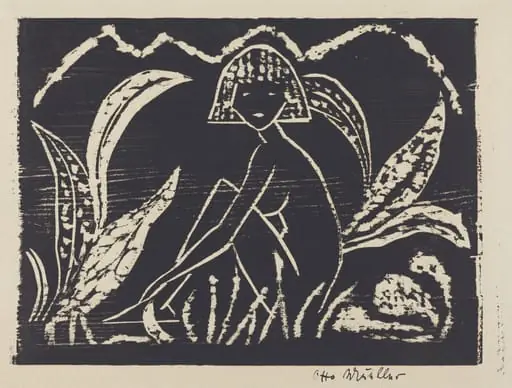 Nude Figure of a Girl in a Landscape (Madchenzwischen Blattpflanzen), by Otto Mueller
