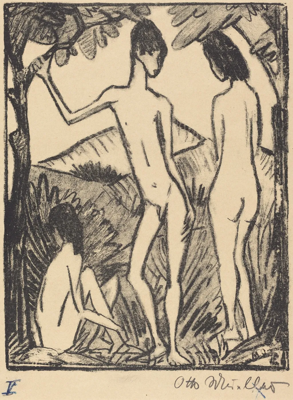 Standing Boy and Two Girls (second version) (Stehender Knabe und zwei Mädchen 2 ), by Otto Mueller, ink, 1917