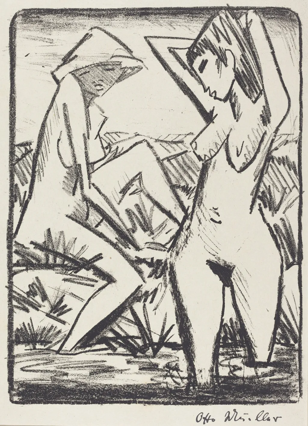 Standing Girl in Water and the Other Sitting on Shore (Im Wasser stehendes und am Ufer sitzendes Madchen mit Hut), by Otto Mueller, ink, 1922
