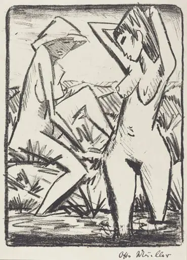 Standing Girl in Water and the Other Sitting on Shore (Im Wasser stehendes und am Ufer sitzendes Madchen mit Hut), by Otto Mueller