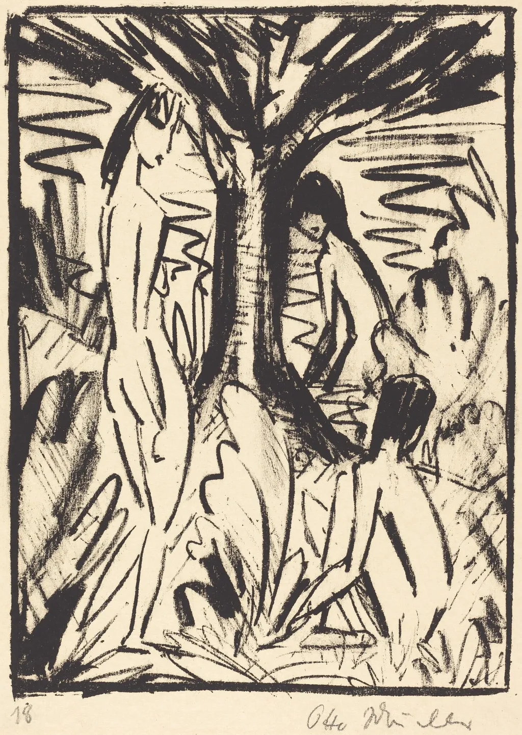 Standing, Sitting, and Bathing Girls near a Tree (Stehende, sitzendes und badendes Madchen am Baum), by Otto Mueller, ink, 1920