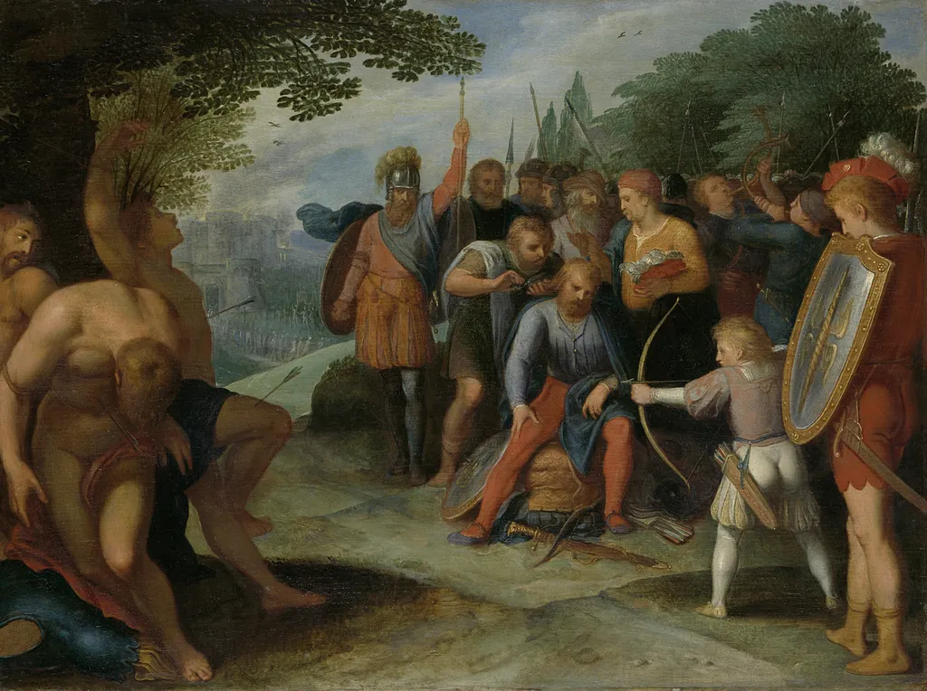 After the Fall of Vetera Castra Claudius Civilis has his hair cut while his son shoots some prisoners, by Otto van Veen, oil, 1606