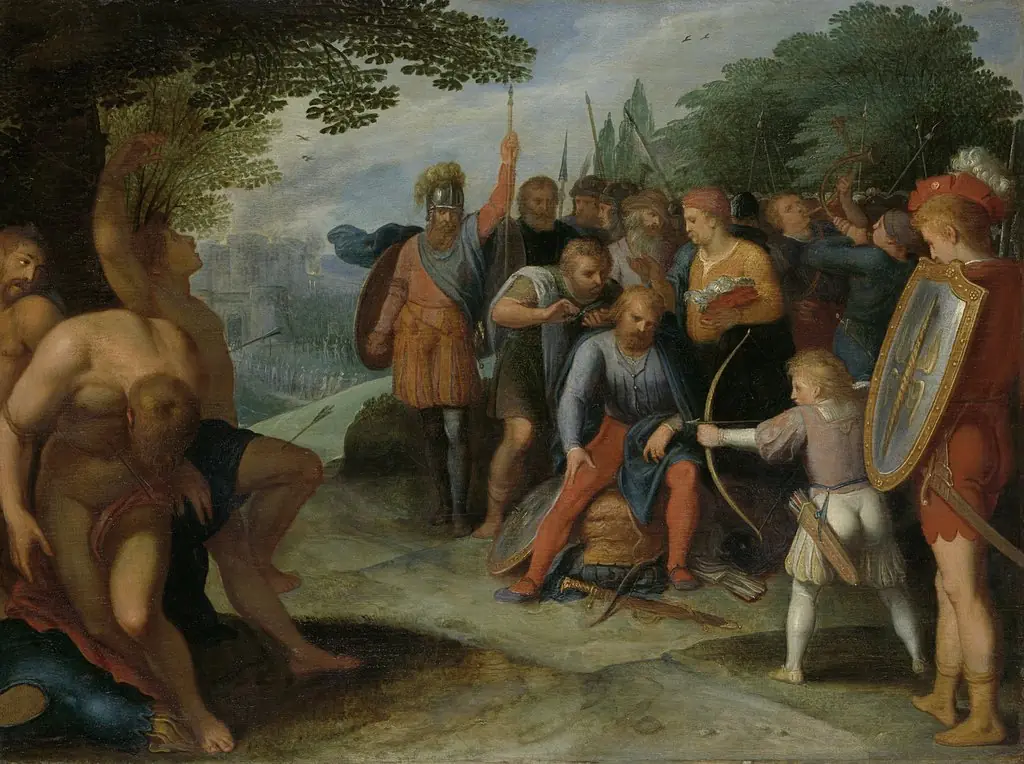 After the Fall of Vetera Castra Claudius Civilis has his hair cut while his son shoots some prisoners, by Otto van Veen