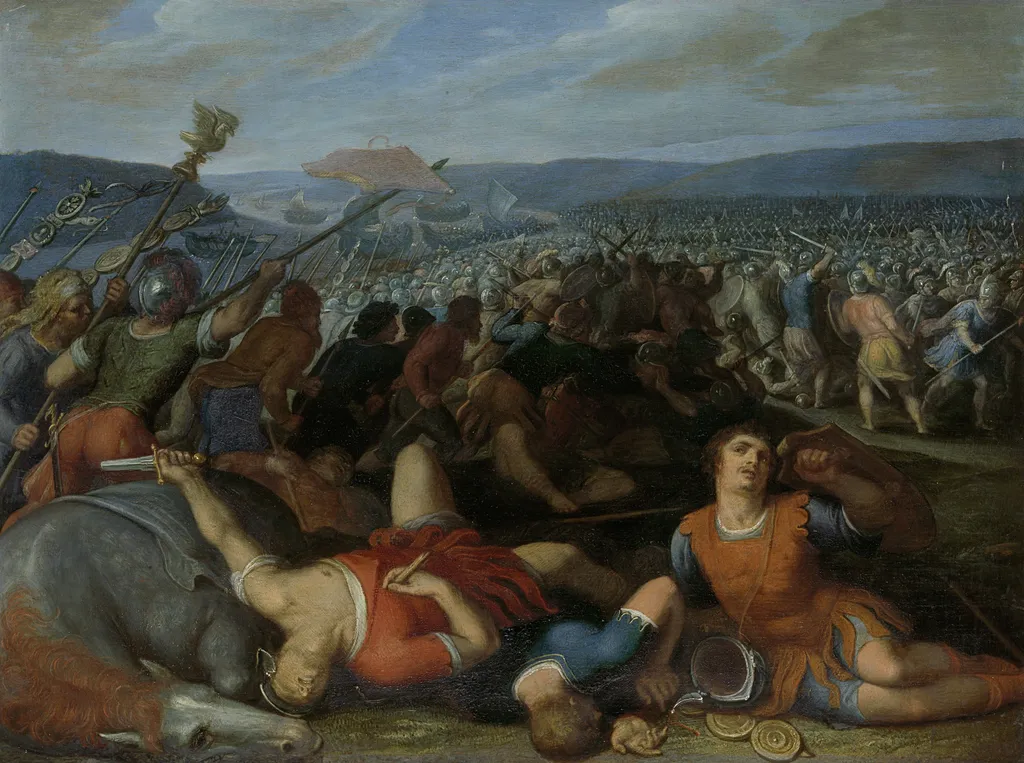 Claudius Civilis Defeats the Roman Troops near the Rhine in 69 AD, by Otto van Veen, oil, 1606