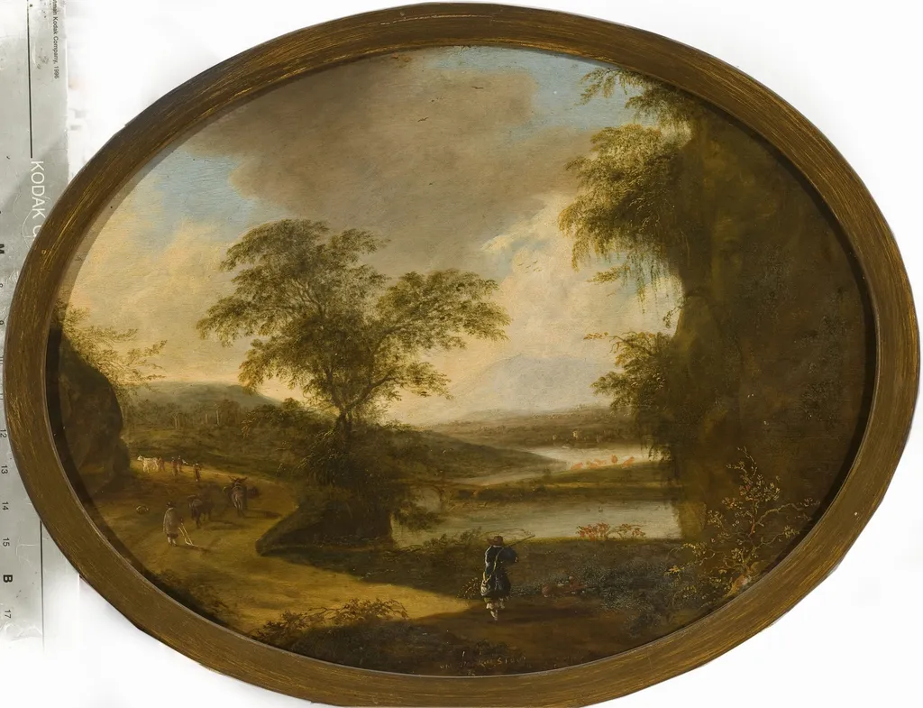 Italian landscape with hunters, by Ottomar Hackius, oil, 1661