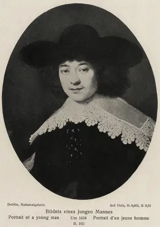 Oval portrait of a man wearing a split-sleeve jacket with flat lace collar and broad-brimmed hat
