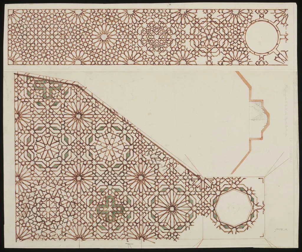 Drawing of the wooden ceiling in the Comares Throne Hall, by Owen Jones, 1834