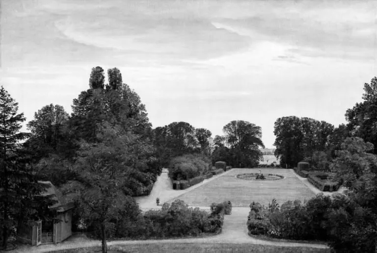 Parken ved Nysø. Til venstre Thorvaldsens atelier, by P. C. Skovgaard, oil, 1865
