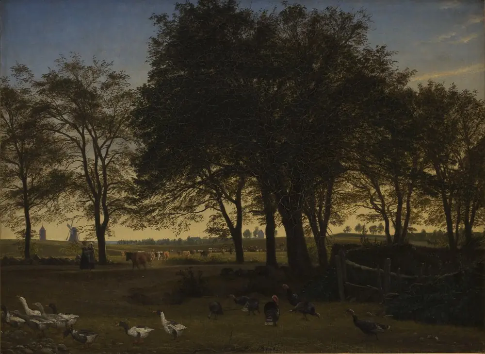 Parti ved Iselingen. I baggrunden Vordingborg Kirke og Gåsetårnet. Septemberaften, by P. C. Skovgaard