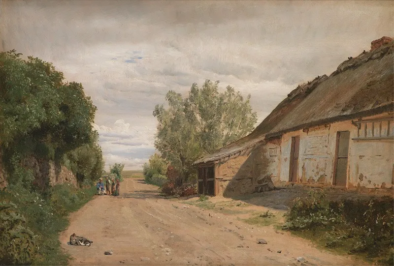 The Outskirts of the Village of Vejby. By the Roadside the Painter J.Th. Lundbye Sketching, by P. C. Skovgaard, unspecified, 1843