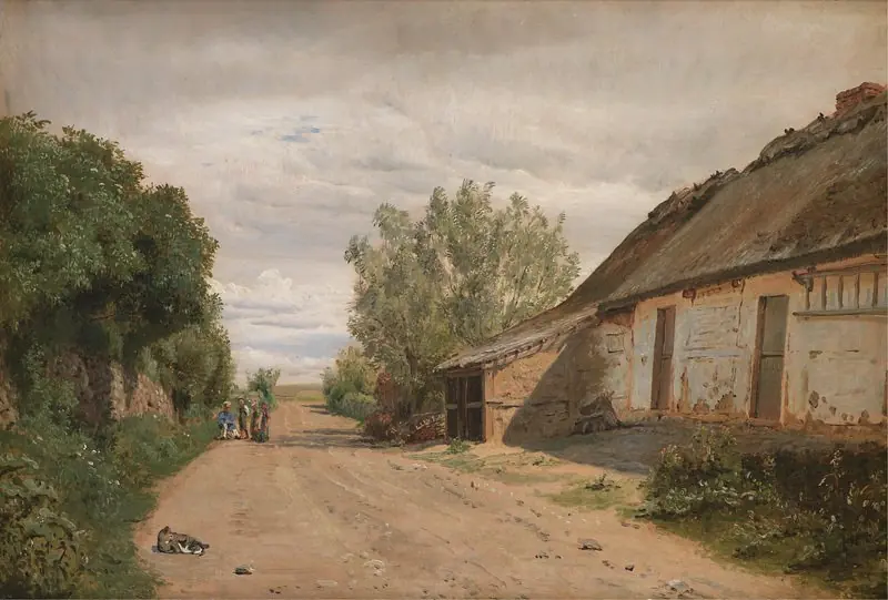 The Outskirts of the Village of Vejby. By the Roadside the Painter J.Th. Lundbye Sketching, by P. C. Skovgaard