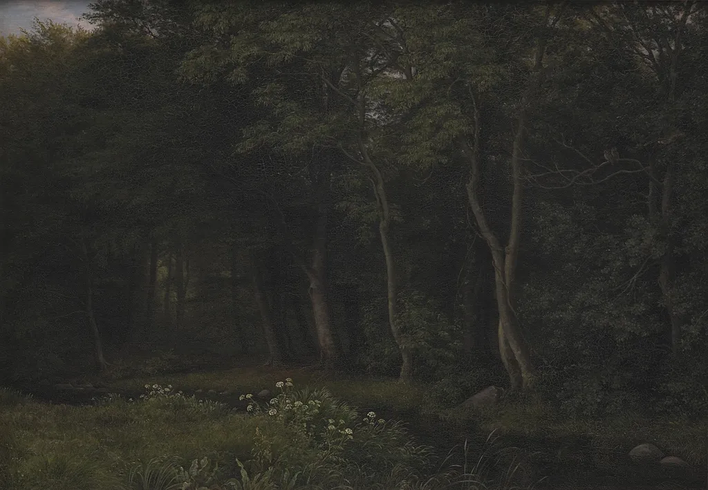 Twilight Setting in a Wood near Iselingen Manor, Zealand, by P. C. Skovgaard, oil, 1860