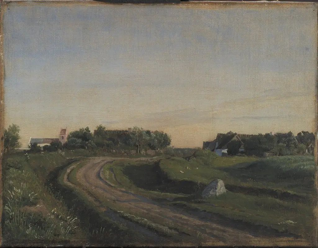 Vejby with the Church seen from the North. Evening Light. Zealand, by P. C. Skovgaard
