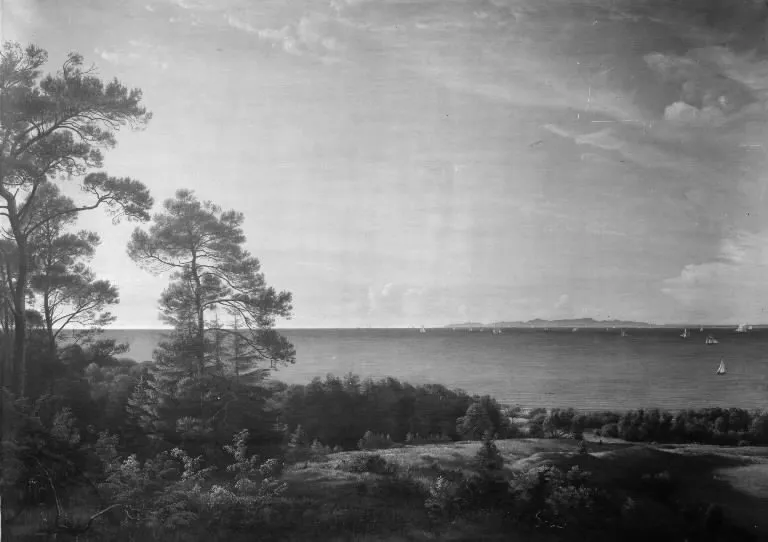 View from the North Coast of Sealand towards Kullen in Sweden. Summer Evening, by P. C. Skovgaard, oil, 1860