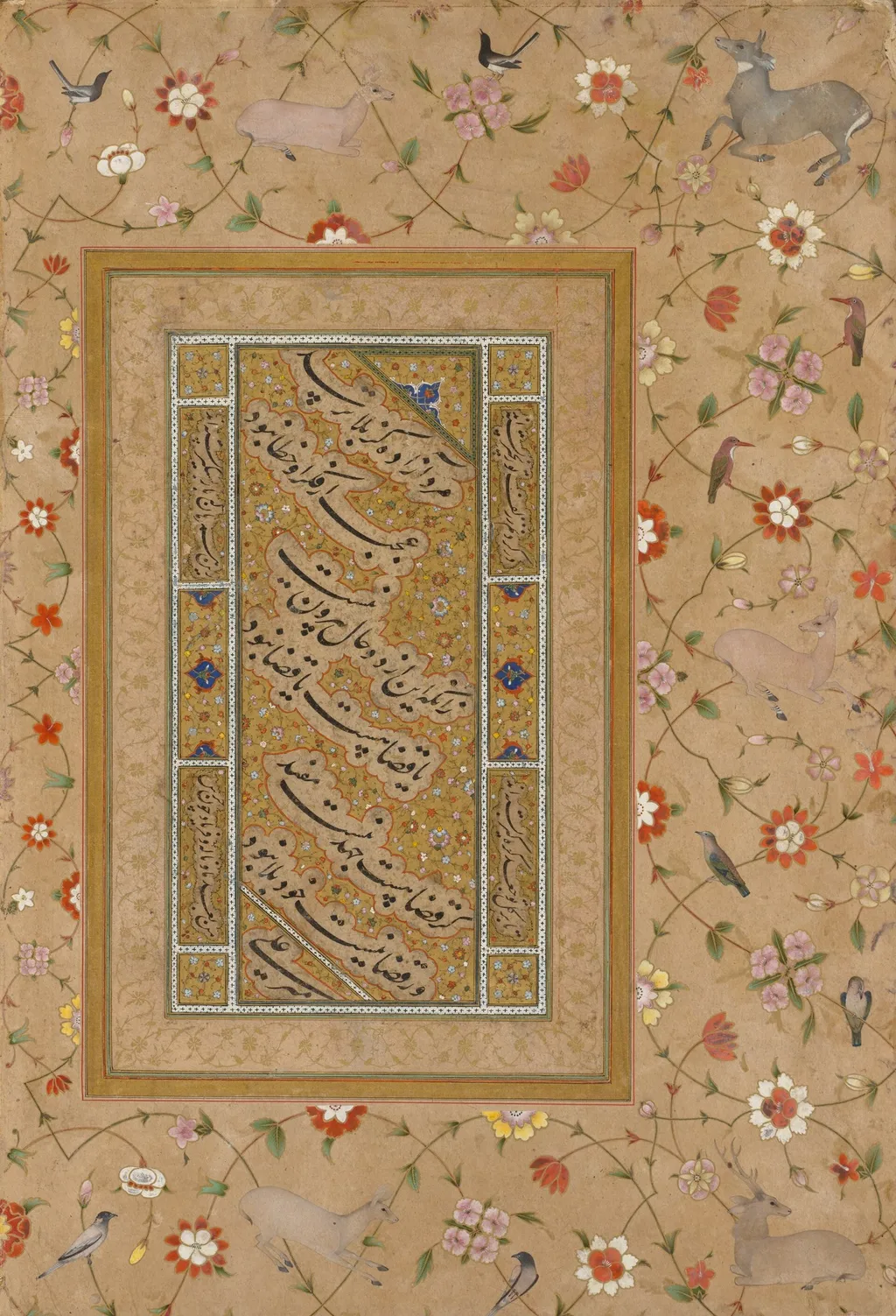 Page from the Late Shah Jahan Album: Persian Calligraphy framed by an ornamental border of flowers, birds, and deer, unspecified, 1520