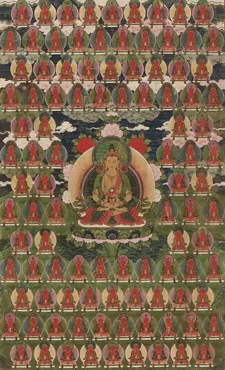 Painted Banner (Thangka) of Amitayus Buddha Surrounded by One Hundred Buddhas