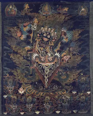 Painted Banner (Thangka) with Guru Dragpur or Vajrakila, a Wrathful Form of Guru Padmasambhava