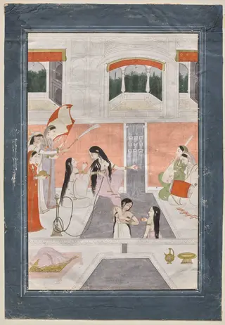 Palace women enjoy music by the side of a cascade