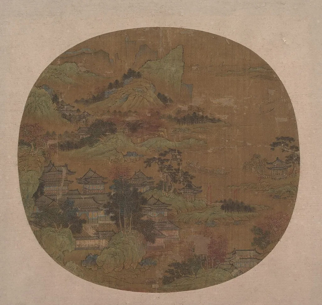 明 佚名 樓觀松風圖 團扇|Palaces among Autumn Mountains, ink, 1416