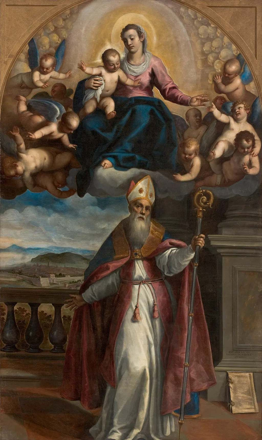 Aparição da Virgem com o Menino a santo Ubaldo, bispo de Gubbio, que indica ao fundo a cidade de Pesaro, by Palma il Giovane, oil, 1620