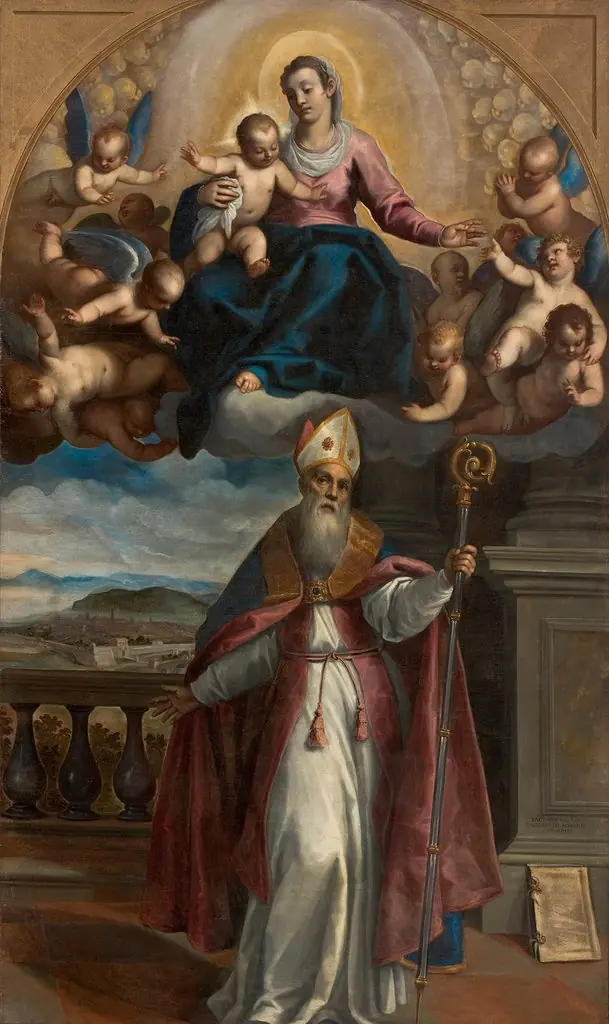 Aparição da Virgem com o Menino a santo Ubaldo, bispo de Gubbio, que indica ao fundo a cidade de Pesaro, by Palma il Giovane